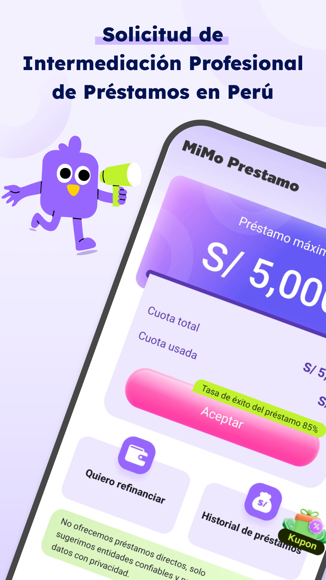 Pantalla de inicio y préstamo máximo